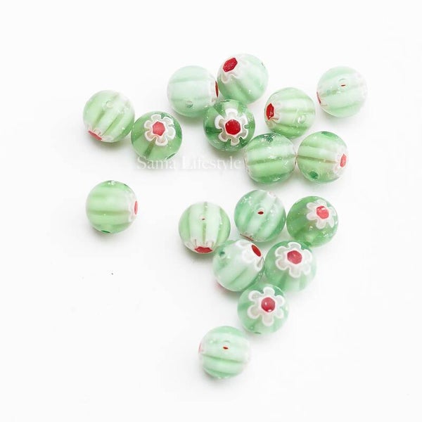 Glas - millefiori groenen kralen 9mm | per 17 stuks