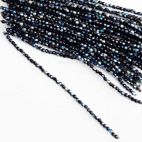 Glas - Tsjechische glas facet kralen zwart AB 3mm | per streng