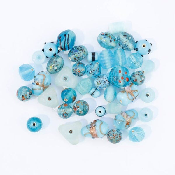 Glas - Indiase glas kralen mix blauw | per 70 gram