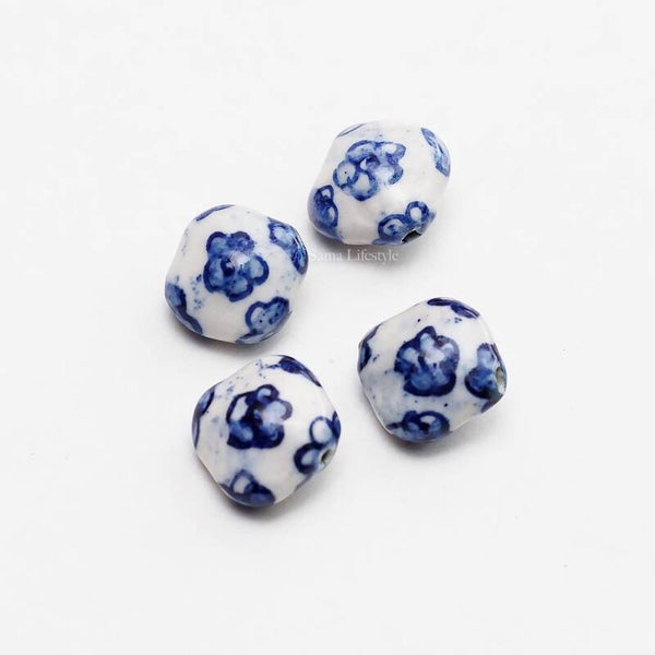 Delfs blauw- porceleinen kralen | 4 stuks