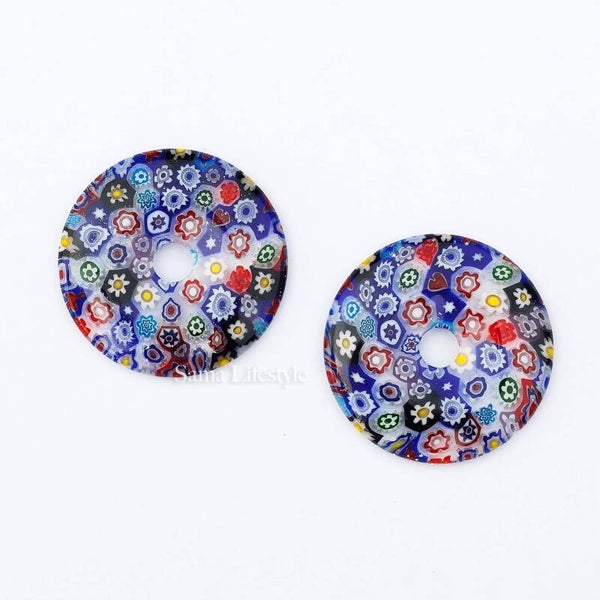Millefiori - blauw gekleurde glas donut 35mm | per 2 stuks