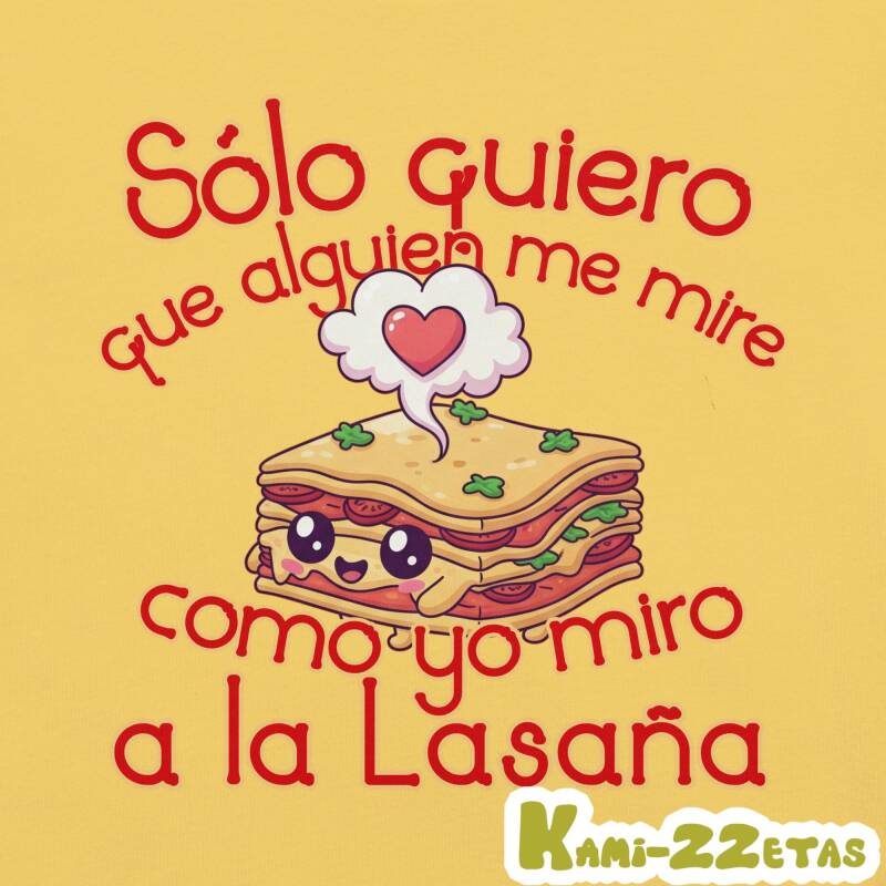 Diseño "Amor por la Lasaña" de Kami-zzetas con ilustración de lasaña y frase sobre fondo neutro.