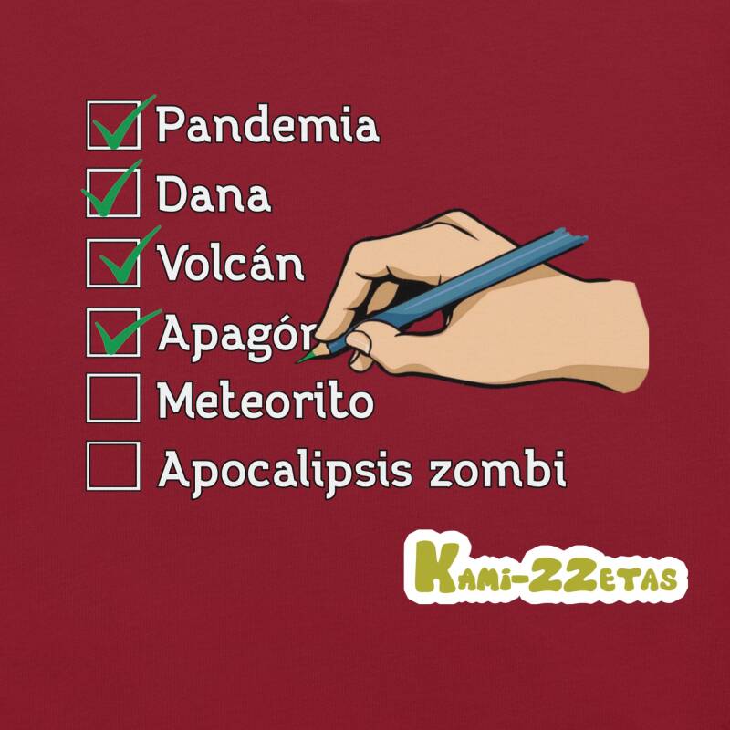 "Diseño 'Apocalipsis Zombi' con lista de desastres (pandemia, DANA, volcán, apagón, meteorito, Apocalipsis Zombi) y casillas marcadas. Humor negro."