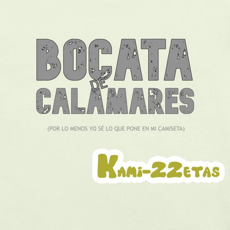 Ilustración del diseño "Bocata de calamares" sobre fondo neutro, con texto que parodia las prendas de moda con símbolos desconocidos.