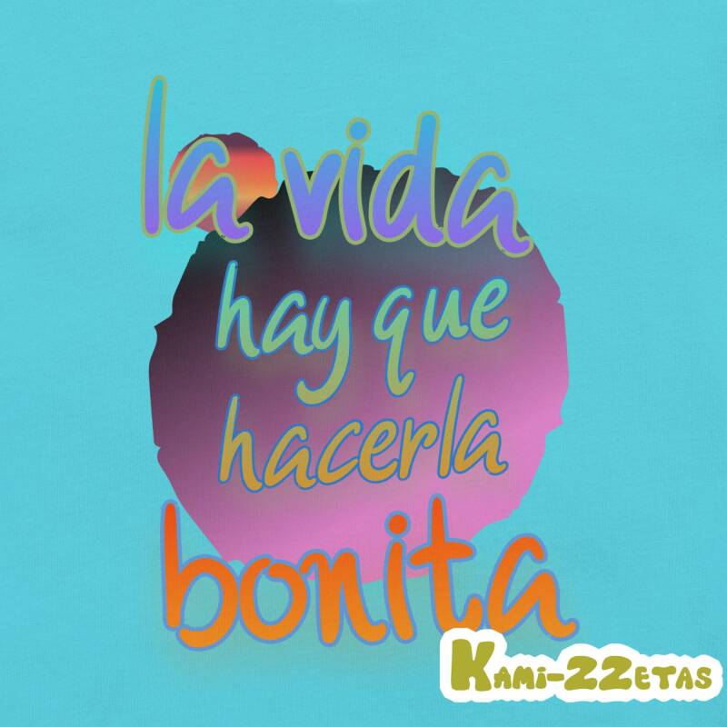 "La vida hay que hacerla bonita" con frase en azul y naranja pastel sobre degradado liláceo, optimista y vibrante.