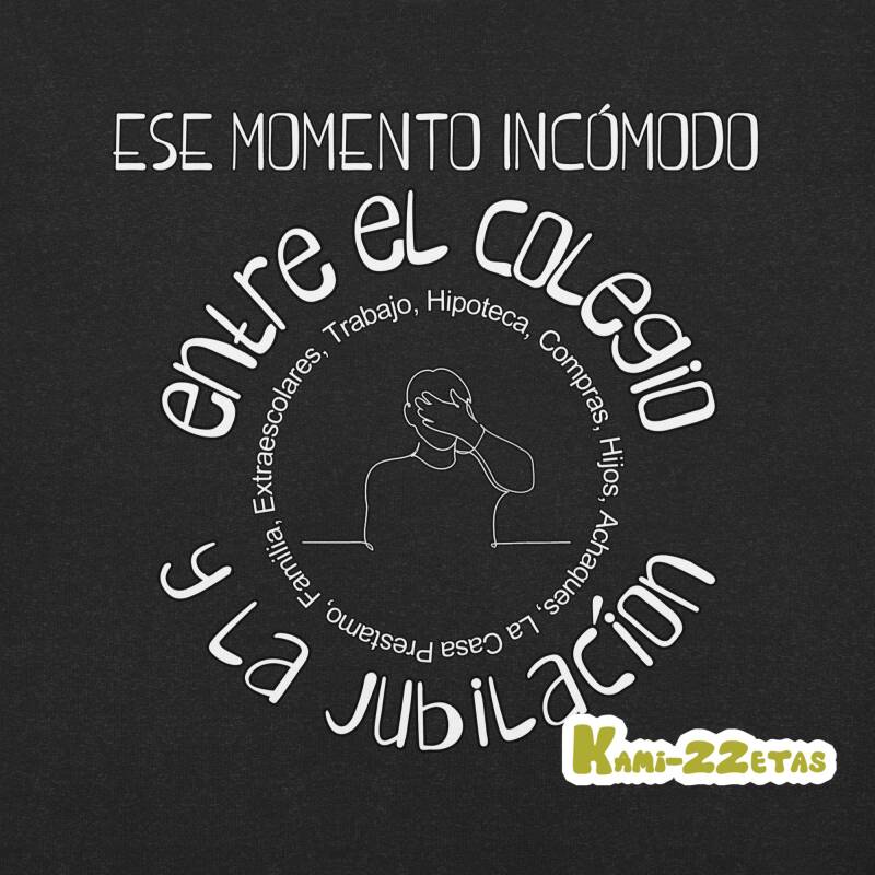 Diseño de camiseta "Ese momento incómodo" con silueta humana rodeada de obligaciones diarias como trabajo e hipoteca. Kami-zzetas