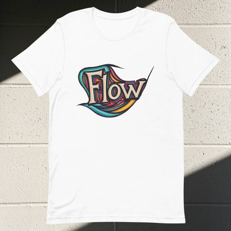 Camiseta blanca palabra flow fluye fluir sobre paleta de colores kami-zzetas