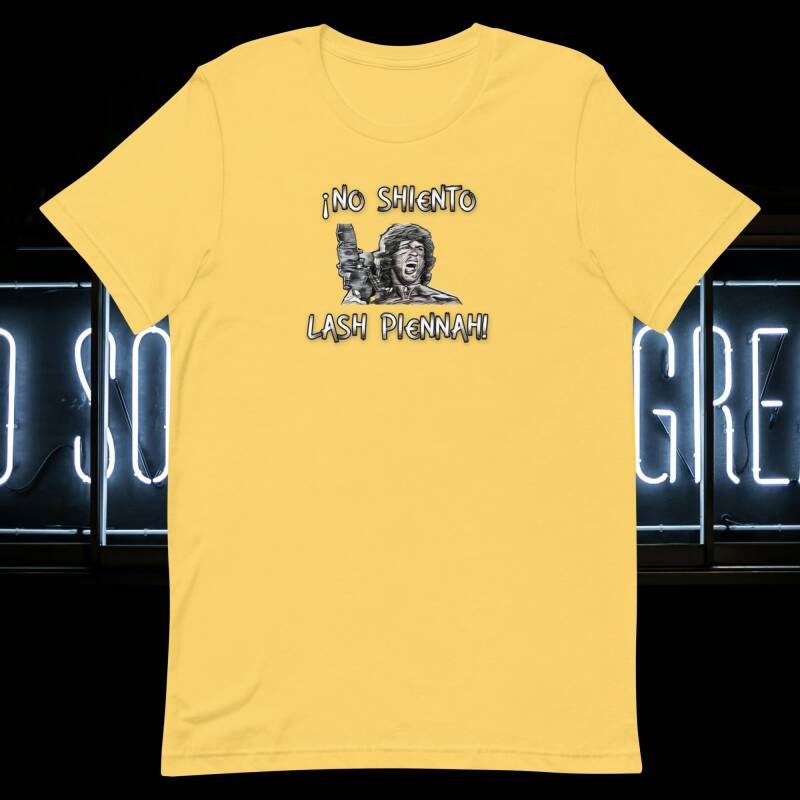 Camiseta amarilla con estampa deRambo "No siento las piernas"