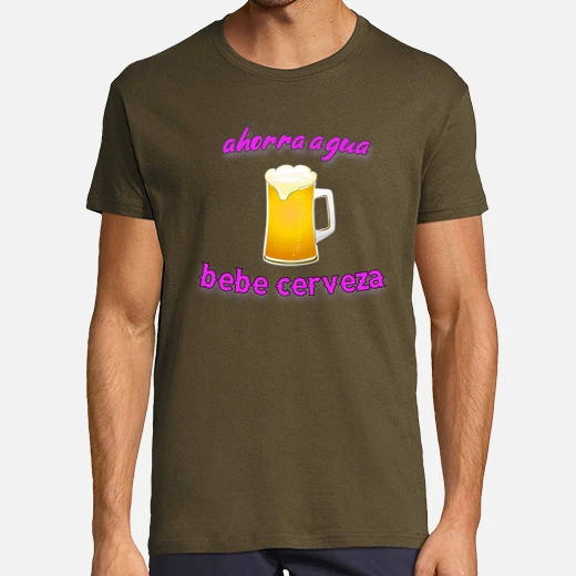 Camiseta con diseño de jarra de cerveza y frase "ahorra agua, bebe cerveza" con letras de color rosa