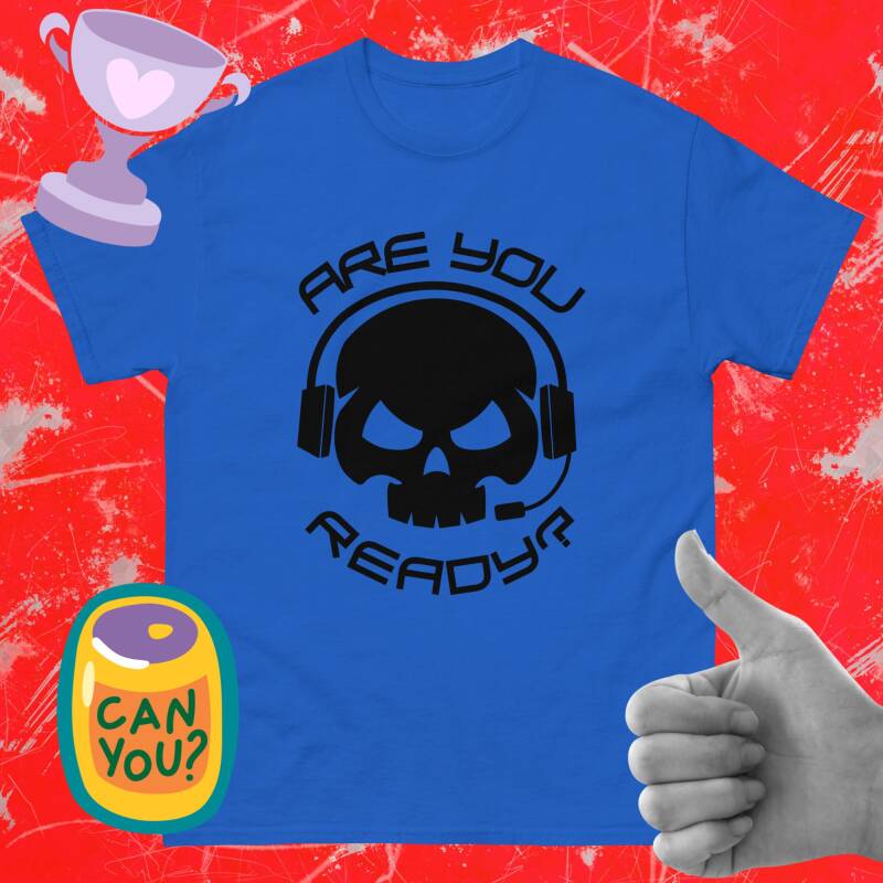 Una imagen de una silueta de calavera con cascos gaming y la frase "Are you ready?" Camisetas estampadas gaming