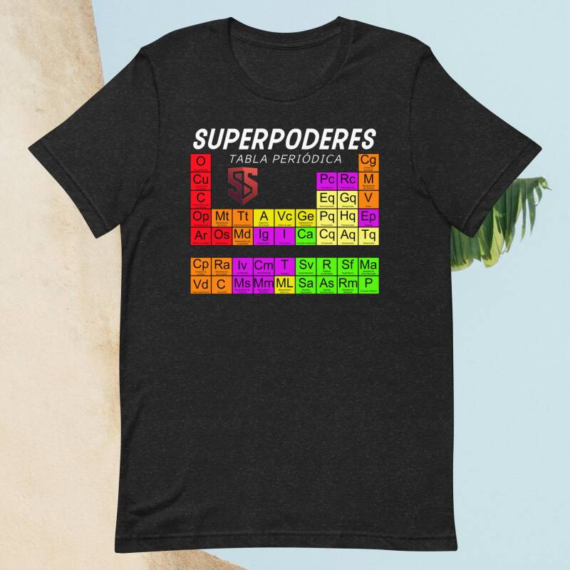 Camiseta de tabla periódica de los superpoderes  ordenados por colores y tipos y nivel de incredibilidad