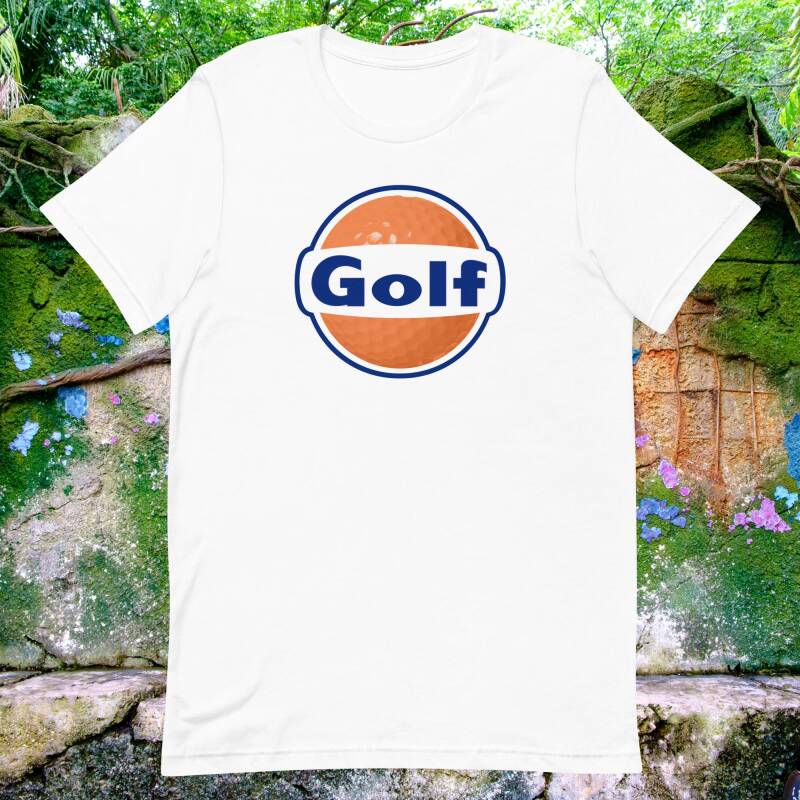 Camiseta con logo "Gulf Oil" en el que el circulo naranja es una pelota de golf y en lugar de Gulf pone Golf Camisetas deporte