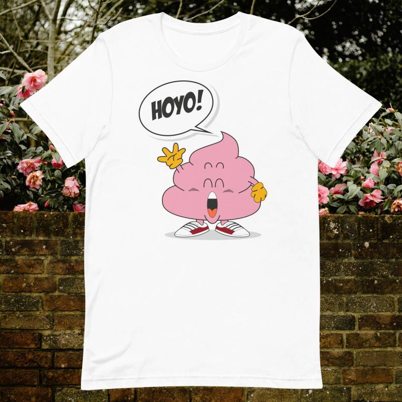 camiseta caca rosa Dr. Slump saludando "Hoyo"