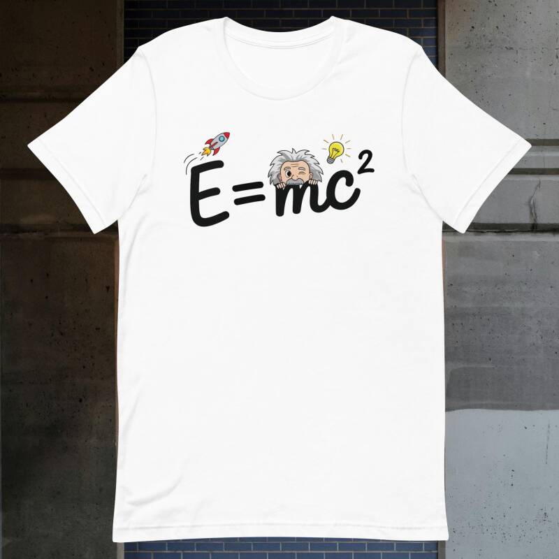 Camiseta formula E=Mc2 estilo comic con Einstein asomando por detrás de ella