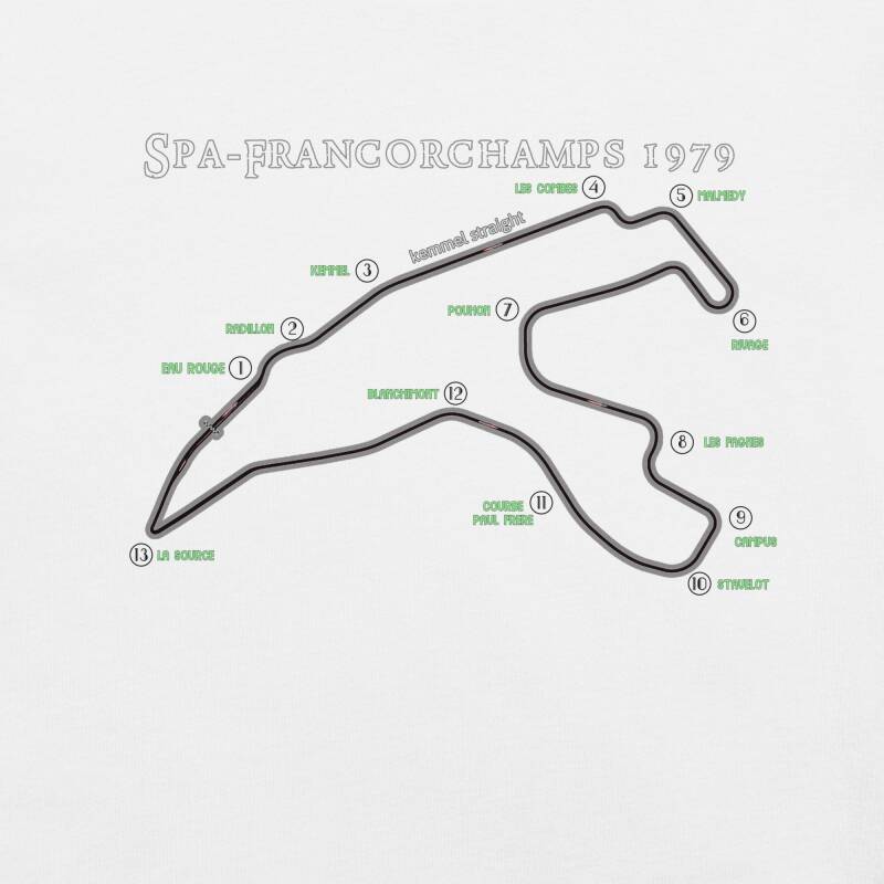 "Diseño de camiseta 'Circuito de Spa-Francorchamps 1979' con la silueta del circuito, número y nombre de curvas como Eau Rouge y Raidillon."