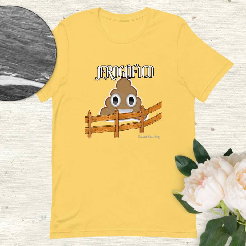 Camiseta Jeroglifico, con imagen de caca de whatsapp y una verja, valla mierda Camisetas divertidas originales con mensaje