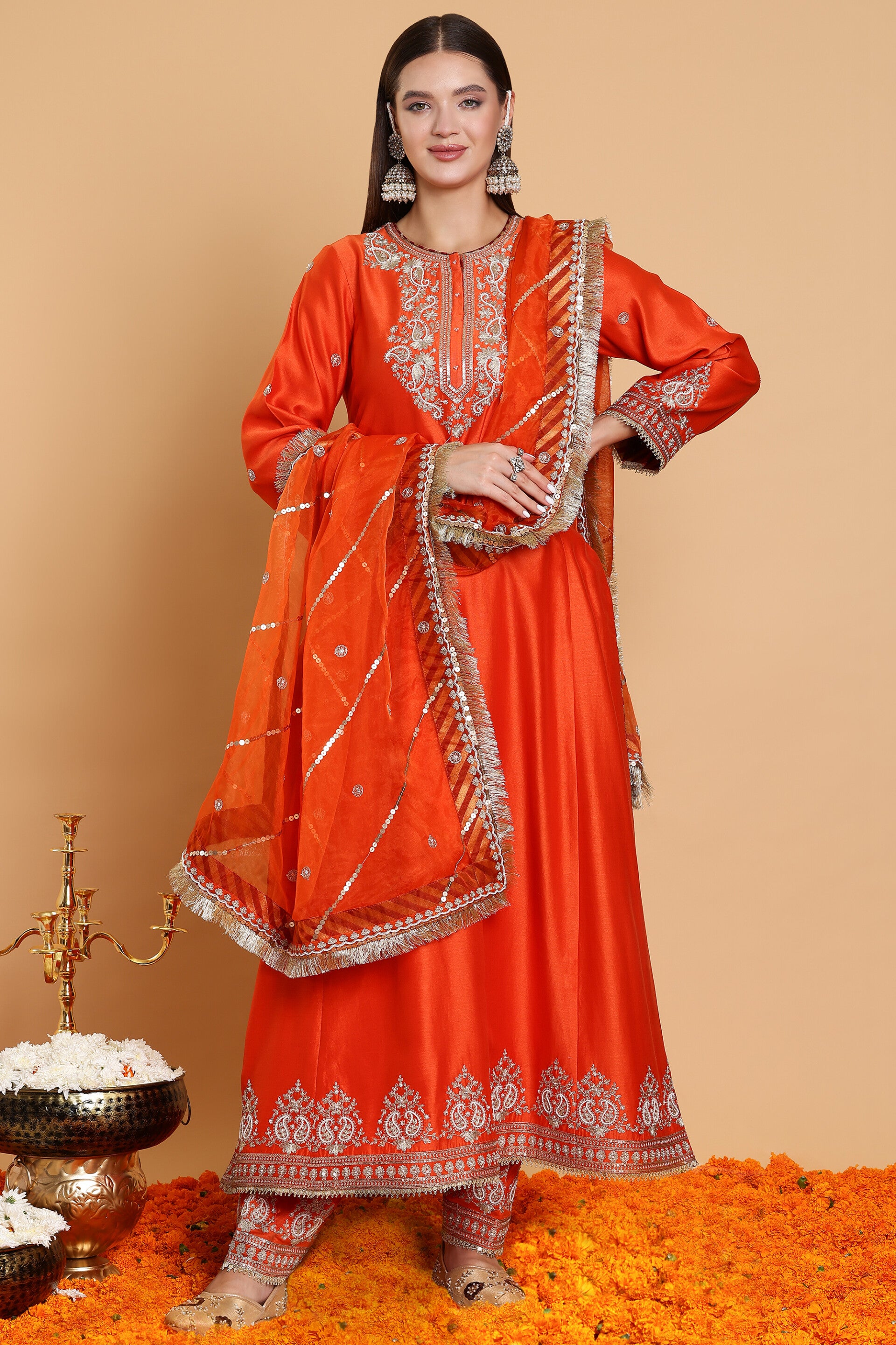 Surkh Narangi Embroidered Long Choga Kurta Set