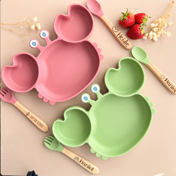 Silicone Baby Plate Set – Crab Shape with Silicone Cutlery & bib