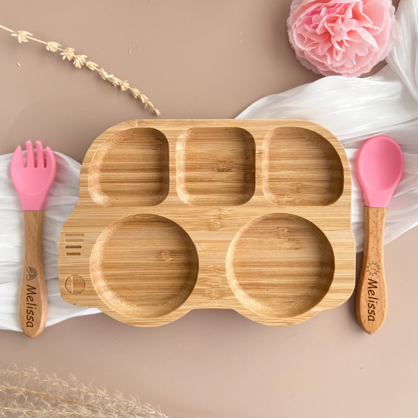 Bamboo Baby Plate Set – Bus Shape with Silicone Cutlery