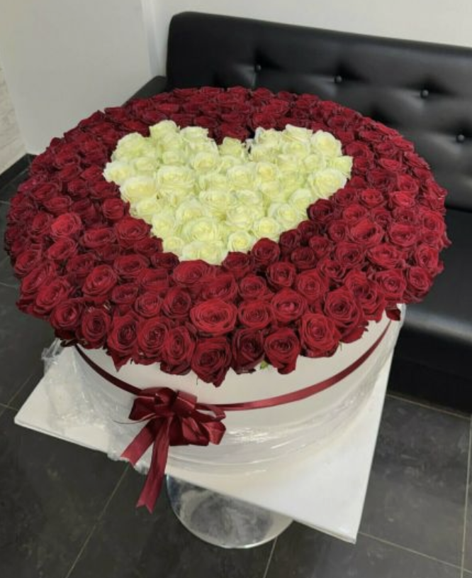 101 roses in a heart-shaped box