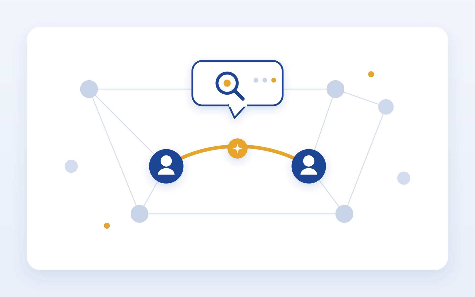 Illustration in Business Connections navy and gold: a network of business people with two figures connected by a highlighted gold link and a spark, and a speech bubble holding a magnifying glass and listening dots, representing making a clear introduction