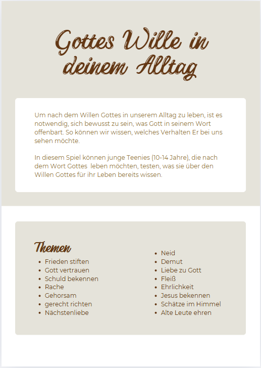 Gottes Wille, Downloadversion (Quiz)