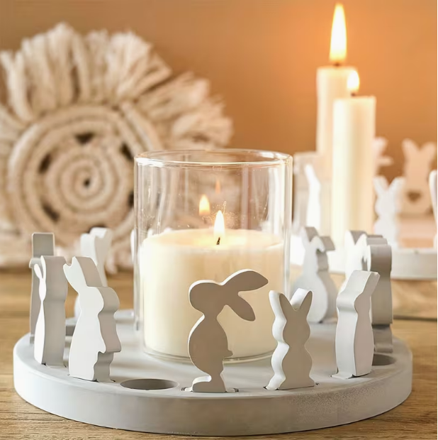 Runder Kerzenhalter und Hasen-Einsätze - Ostern (weiß)