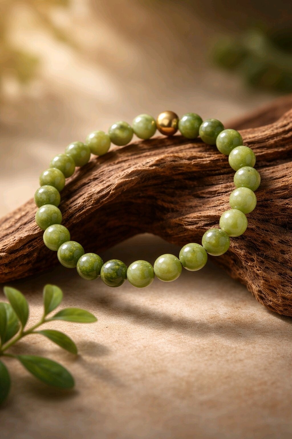 Bracelet en pierres semi-précieuses Jade et  perle acier inoxydable dorée. Fil élastique. 8 mm.