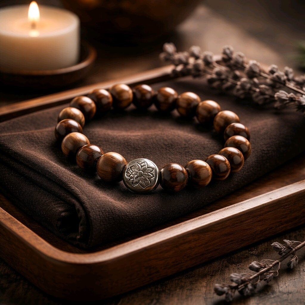 Bracelet en Bois de Rose.  Perle fleur de Lotus.  Fil élastique. 10 mm.