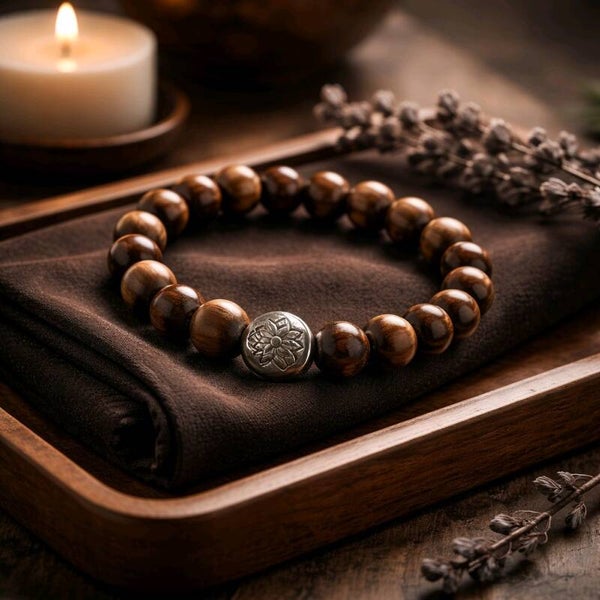 Bracelet en Bois de Rose.  Perle fleur de Lotus.  Fil élastique. 10 mm.