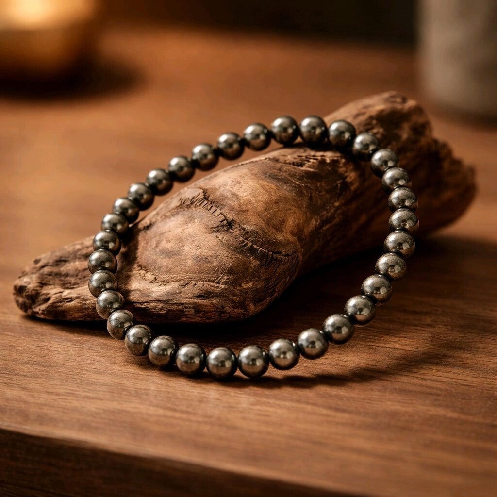 Bracelet Pyrite. Perle en Acier Inoxydable dorée. Fil élastique 6 mm.