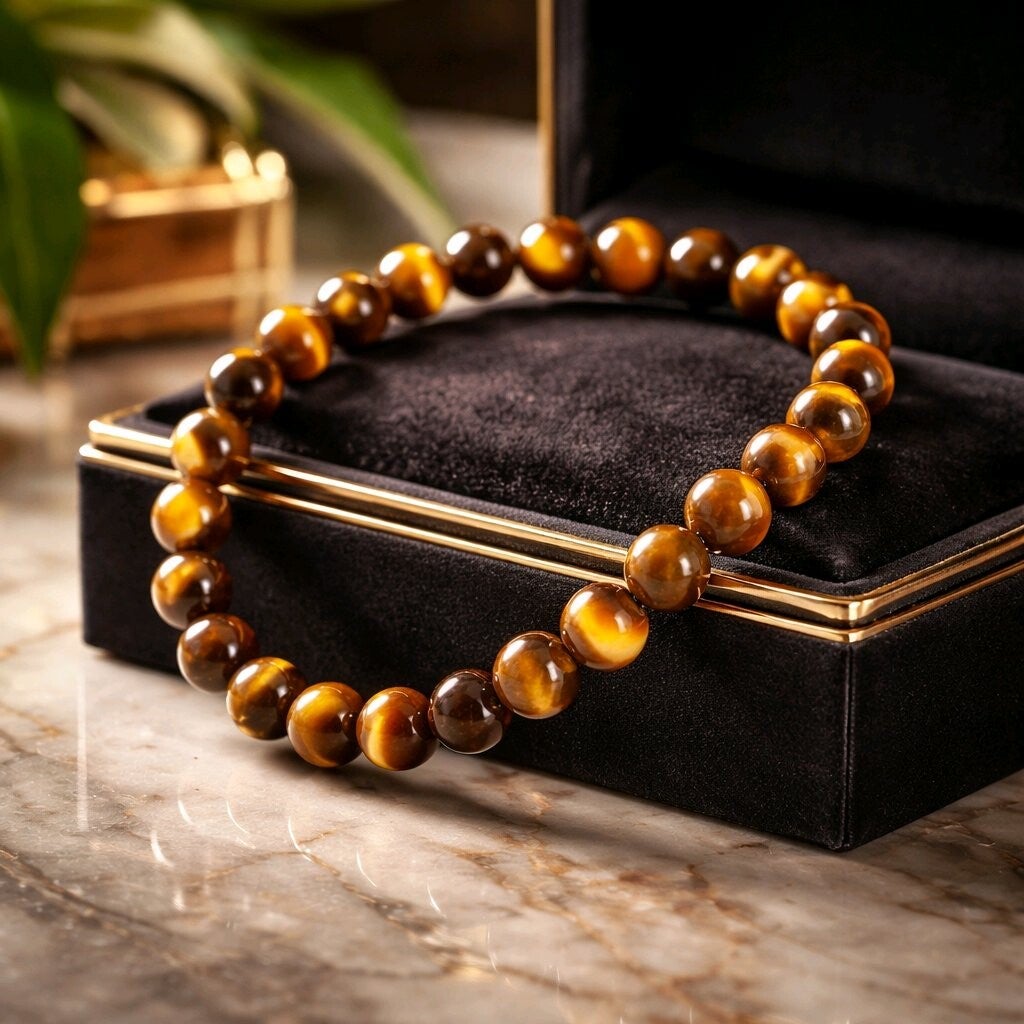 Bracelet Œil de Tigre. Perle en Acier Inoxydable Dorée. Fil élastique. 8 mm