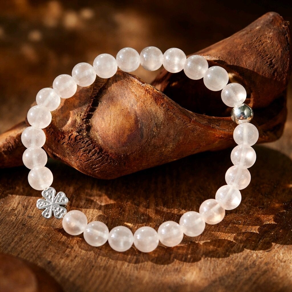 Bracelet Quartz Rose. Trèfle en Hématite & Perle en Acier. Fil élastique. 6 mm.