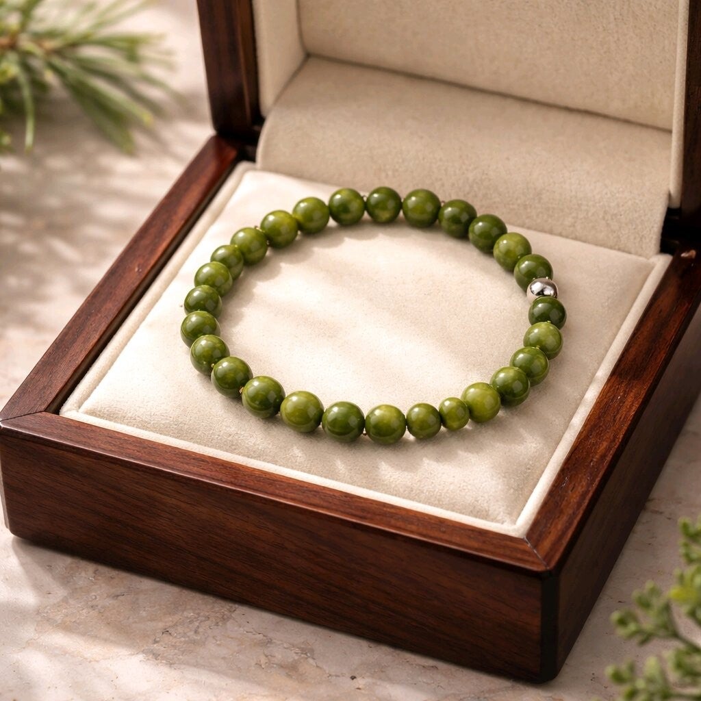 Bracelet Jade Thaïlandais. Perle acier inoxydable argentée. Fil élastique. 6 mm.