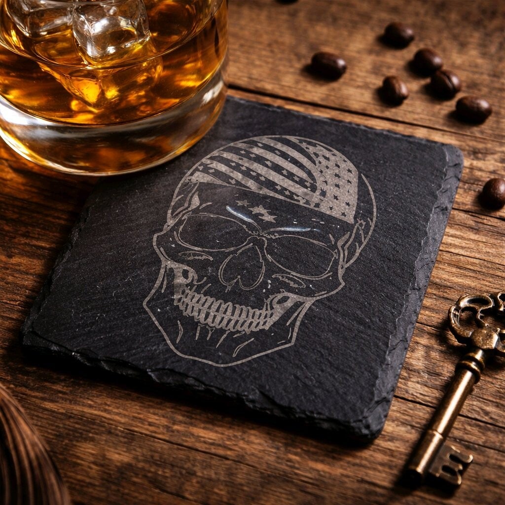 Dessous de verre en ardoise.  Tête de mort bandana USA