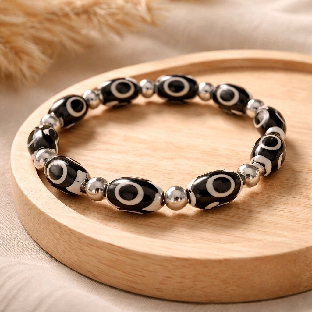 Bracelet en pierre semi-précieuses Agate olive &  perles en acier inoxydable argent.