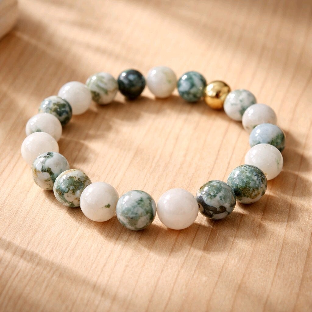 Bracelet  Agate Arbre & perle acier inoxydable dorée. Fil élastique. 8 mm.