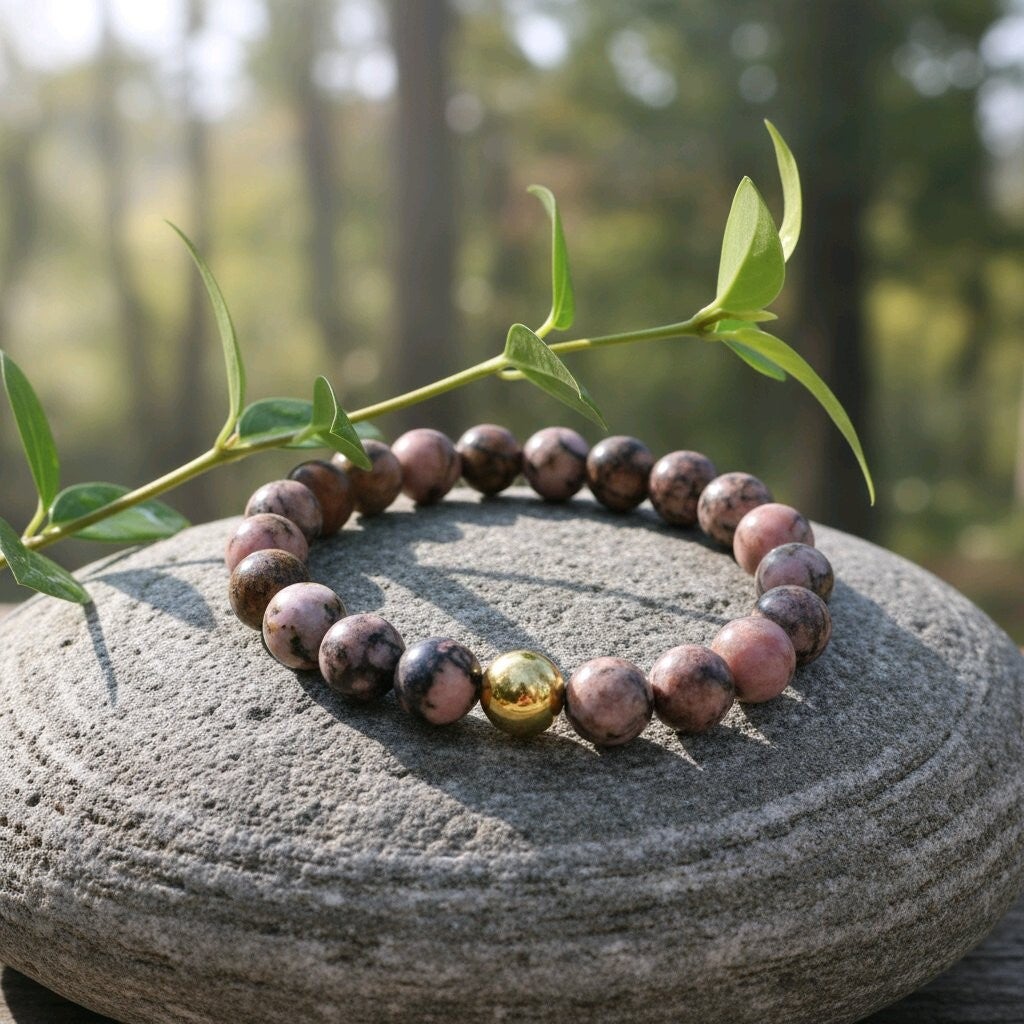 Bracelet Rhodonite. Perle en acier. Fil élastique. Perles 8 mm