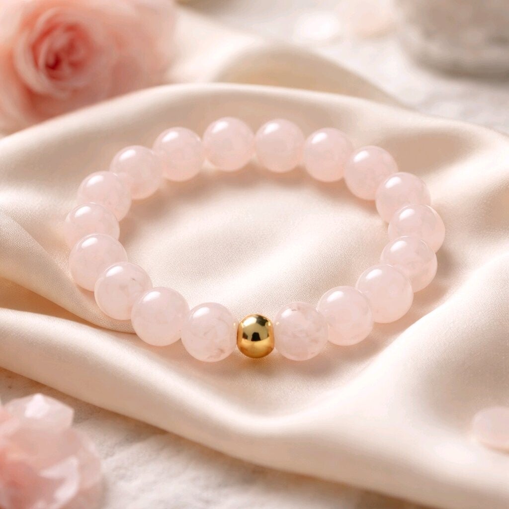 Bracelet Quartz Rose. Perle en acier. Fil élastique. Perles 10 mm