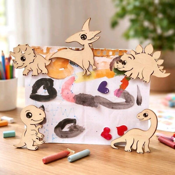 Lot créatif : 5 magnets dinosaures + 5 dinosaures à peindre. Bois de tilleul