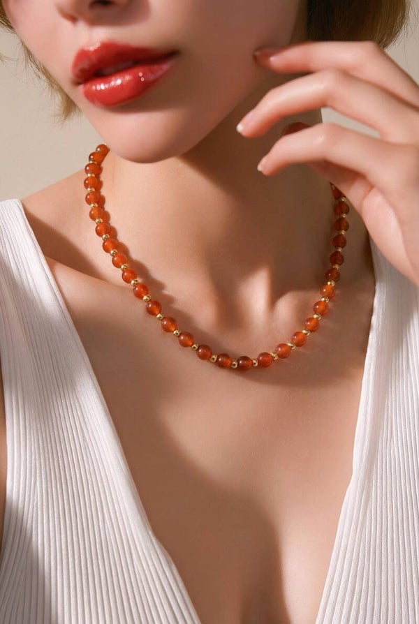 Collier perles semi-précieuses Cornaline 6 mm & Acier inoxydable