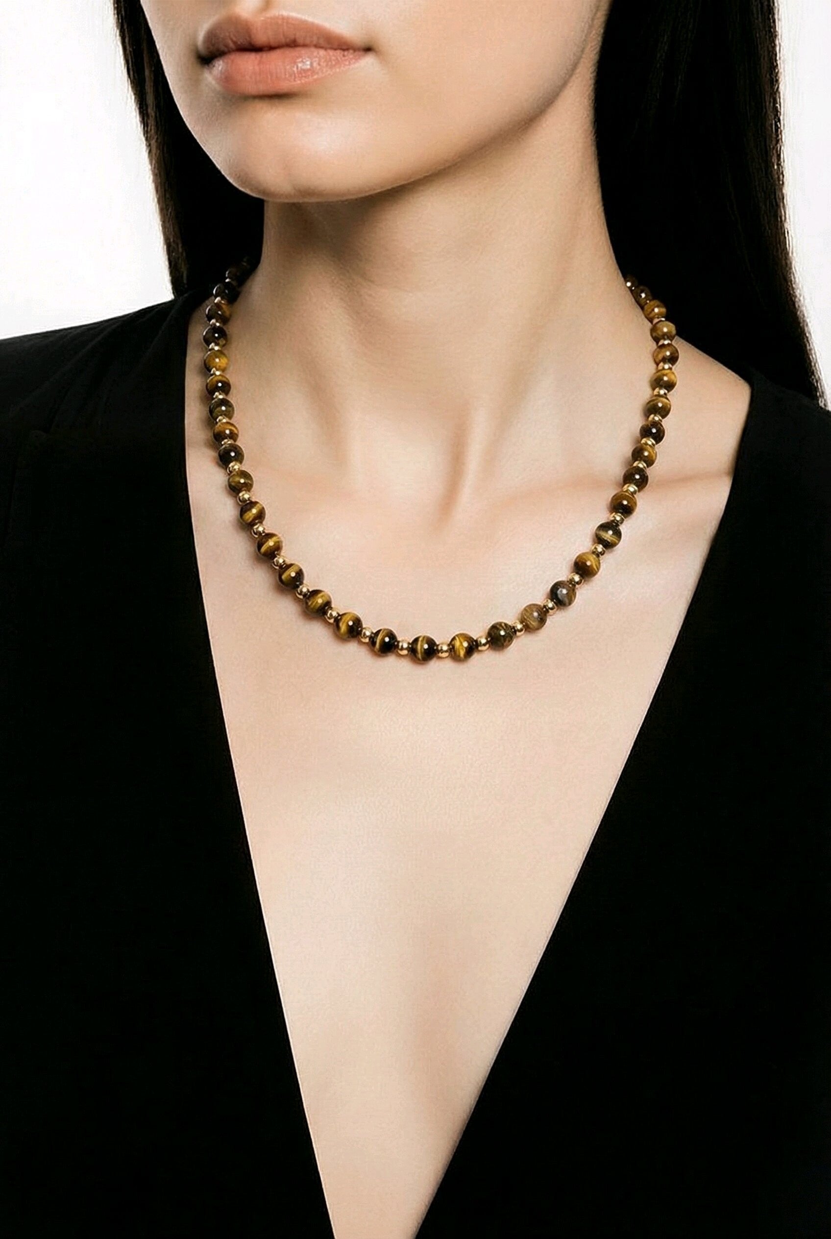 Collier perles semi-précieuses Oeil de tigre, 6 mm & acier inoxydable