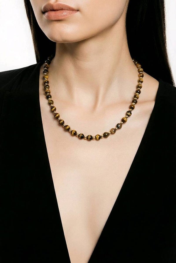 Collier perles semi-précieuses Oeil de tigre, 6 mm & acier inoxydable