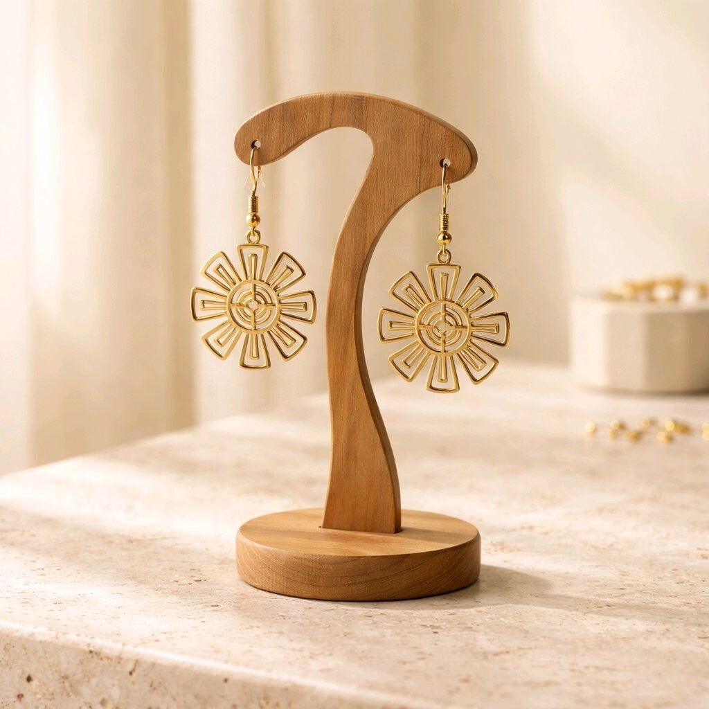 Boucle d'oreilles éclats solaire en bois de tilleul & acier inoxydable