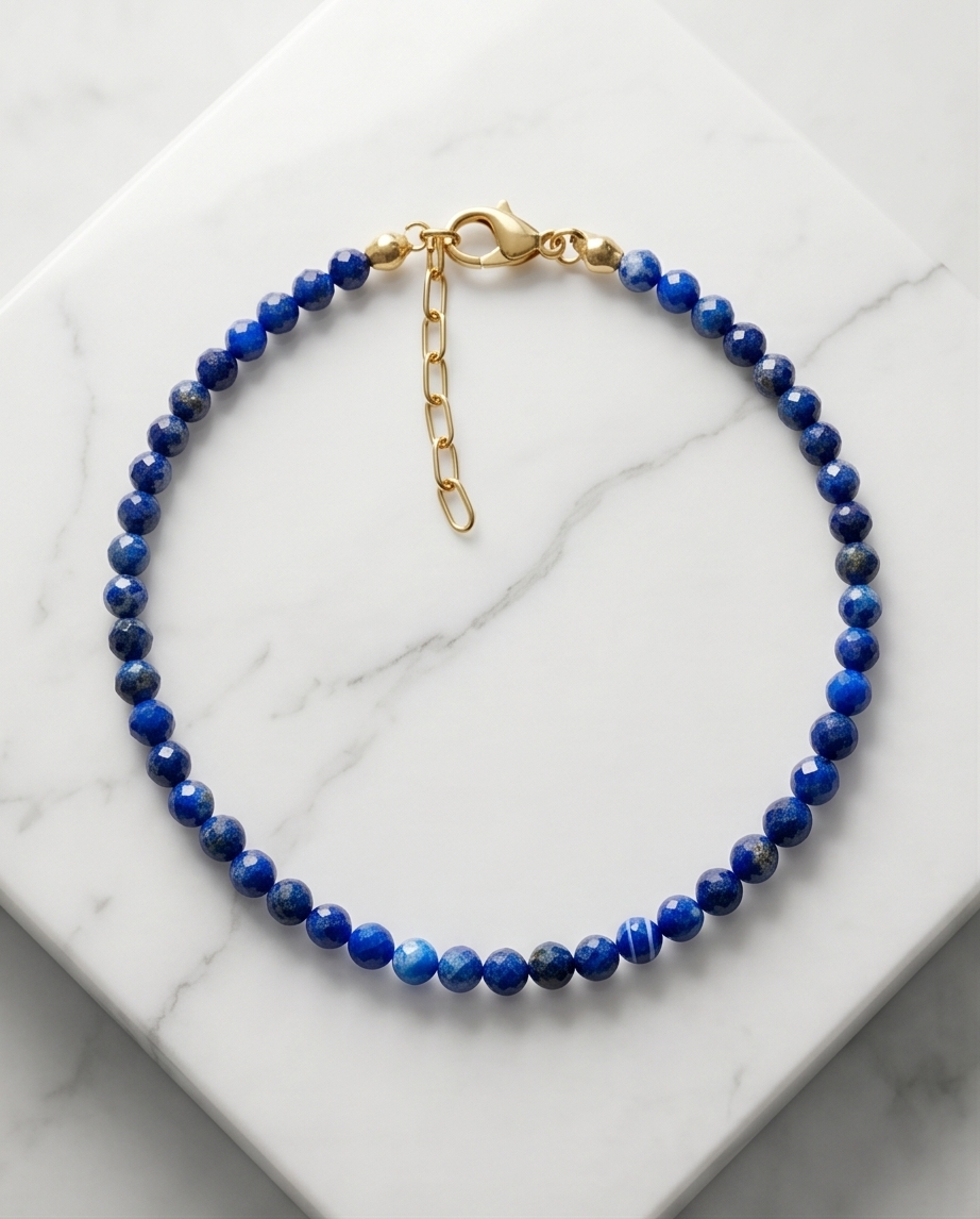 Bracelet Cheville en perles semi-précieuses facetées Lapis-Lazuli & Acier Inoxydable