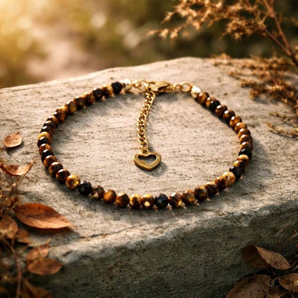 Bracelet Cheville en perles semi-précieuses facetées Œil de Tigre & Acier Inoxydable