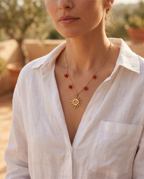 Collier Femme Acier Inoxydable & perles en Cornaline