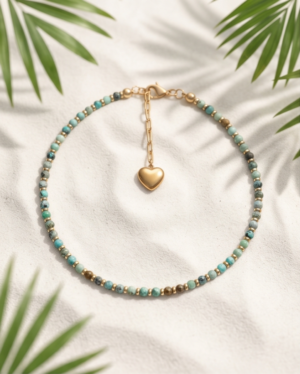Bracelet de cheville en Turquoise africaine & acier inoxydable.
