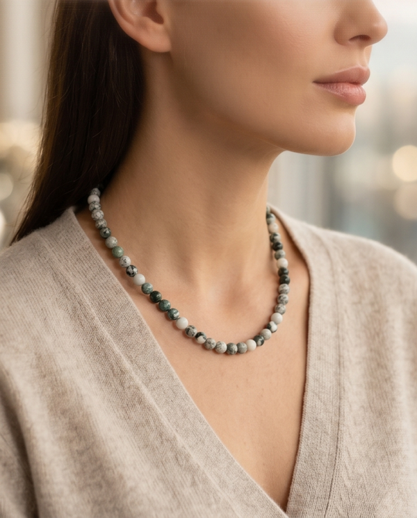 Collier perles semi-précieuses Agate arbre 8 mm & acier inoxydable