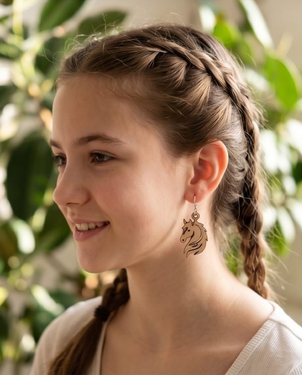 Boucles d’oreilles cheval en bois de tilleul & acier inoxydable